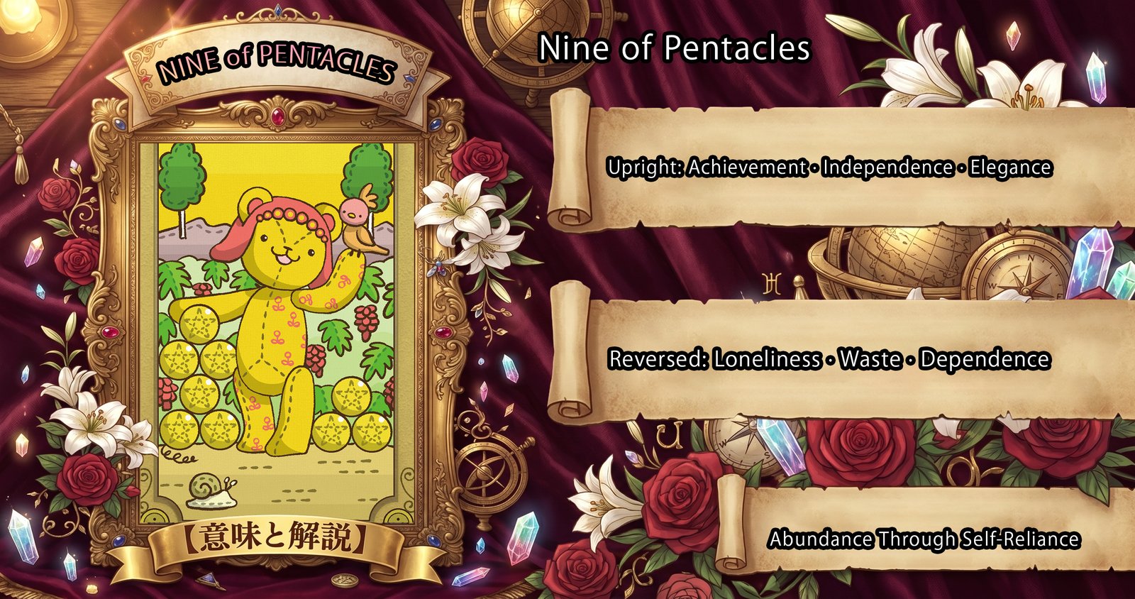 Nine of Pentacles: Tarot Card Meaning — Upright, Reversed & Love