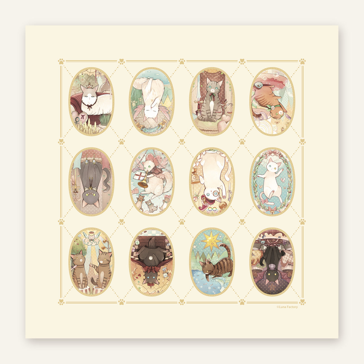 Colorful Dreaming Cat tarot reading cloth, full print, 65 cm square
