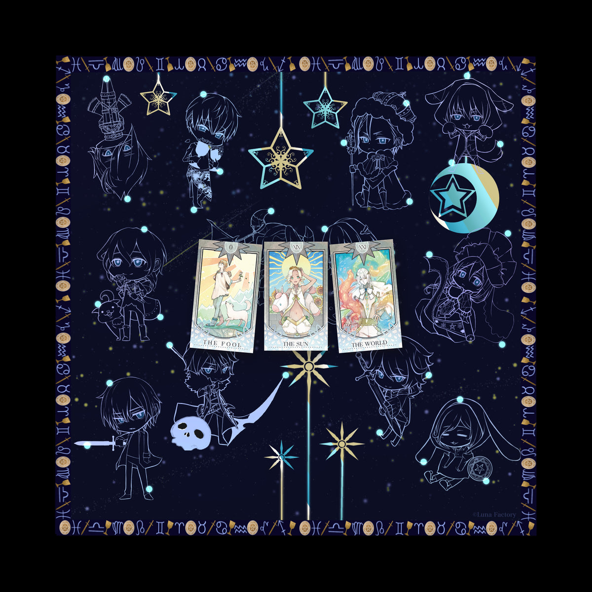 Ideal Soulmale reading cloth in use with three tarot cards at true scale