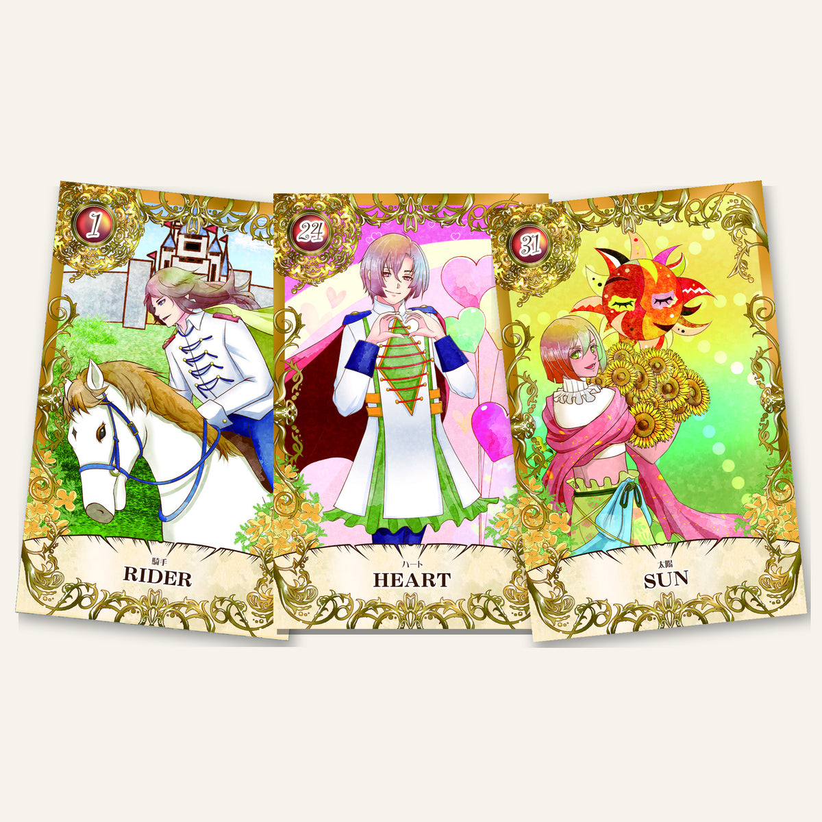 The Boys Lenormand cards: Rider, Heart and Sun