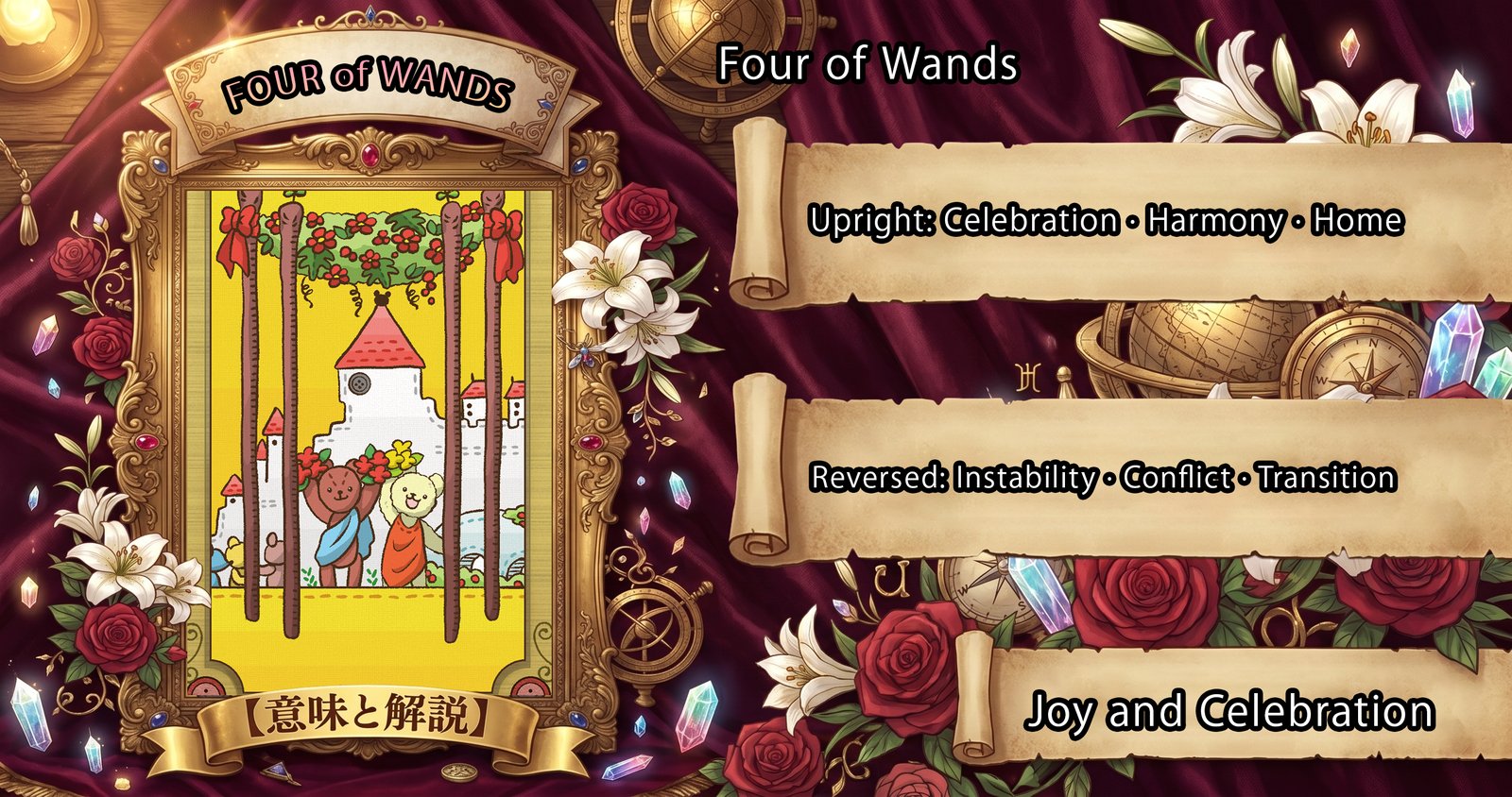 Four of Wands: Tarot Card Meaning — Upright, Reversed & Love