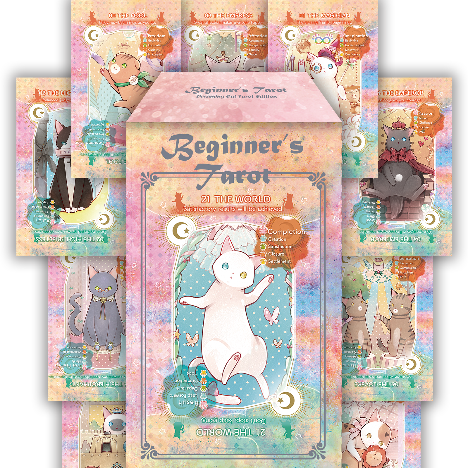 The Beginner's Tarot Dreaming Cat English Edition — cards with English meanings printed on them