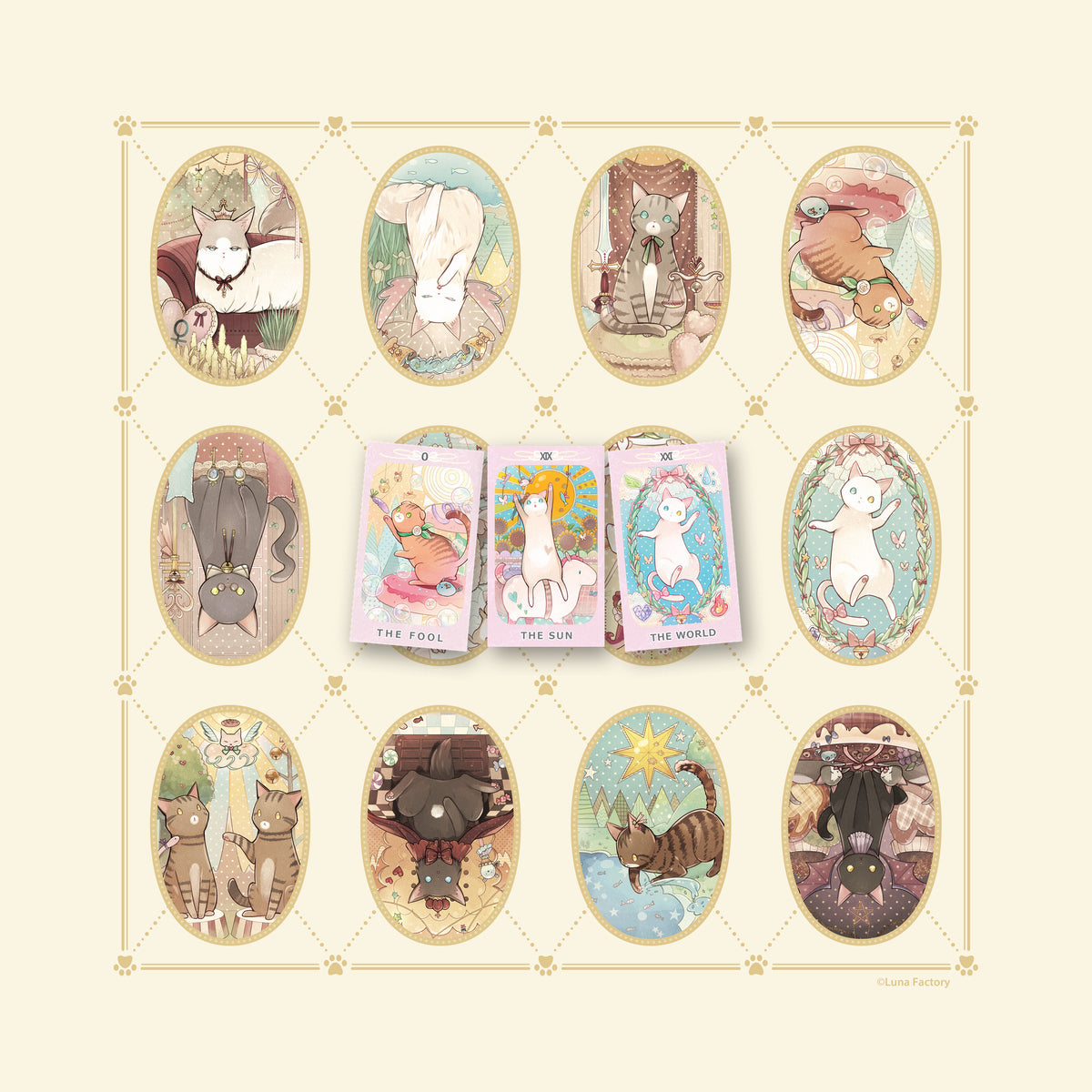 Colorful Dreaming Cat reading cloth in use with three tarot cards at true scale