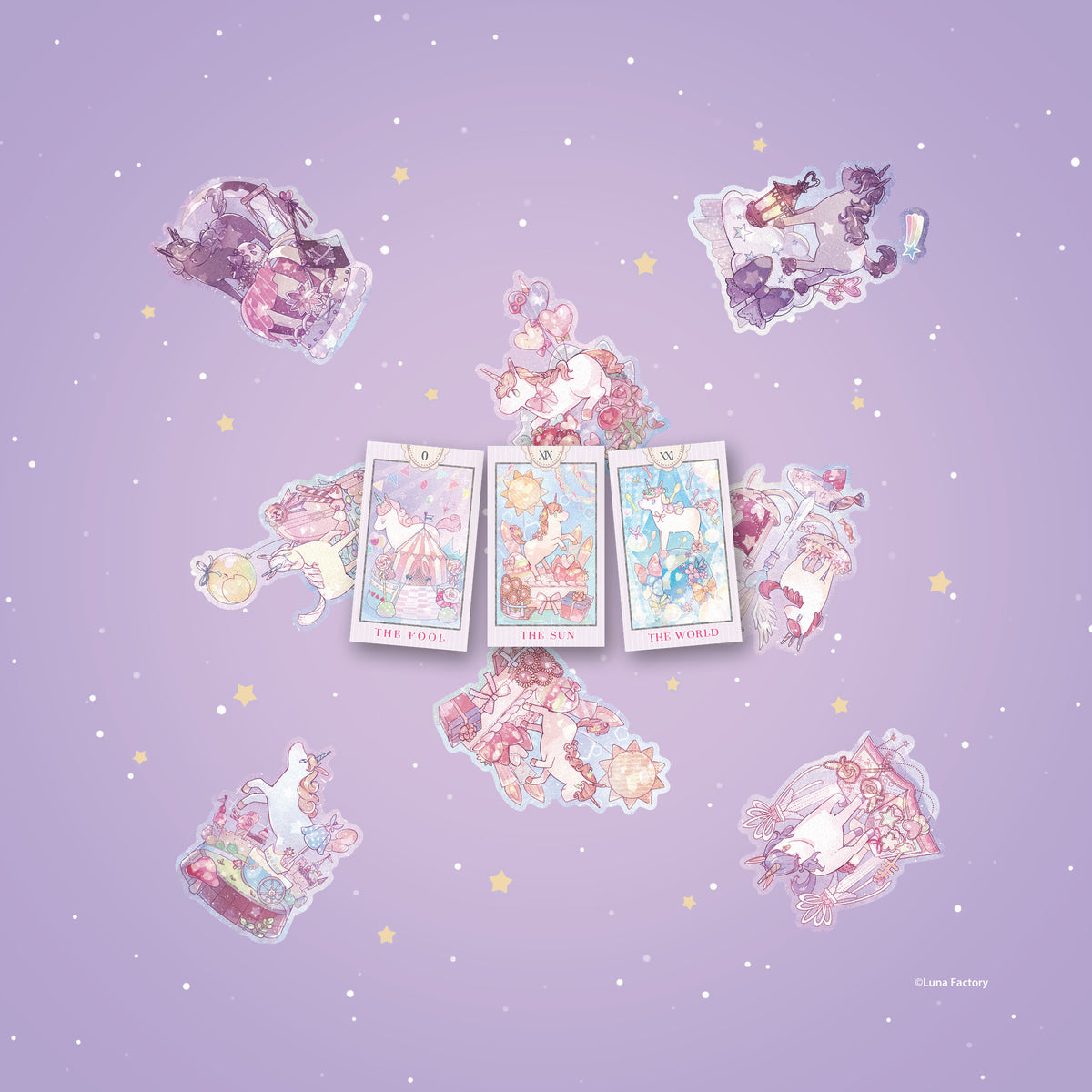 Pastel Unicorn reading cloth in use with three tarot cards at true scale