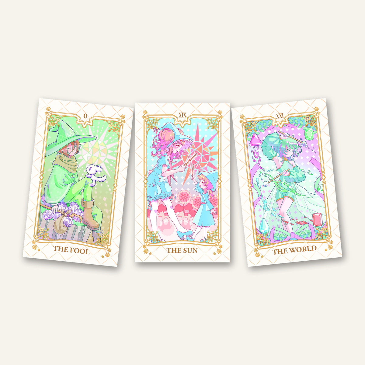 Three Pastel Wizard Tarot cards from the 78-card Rider-Waite deck