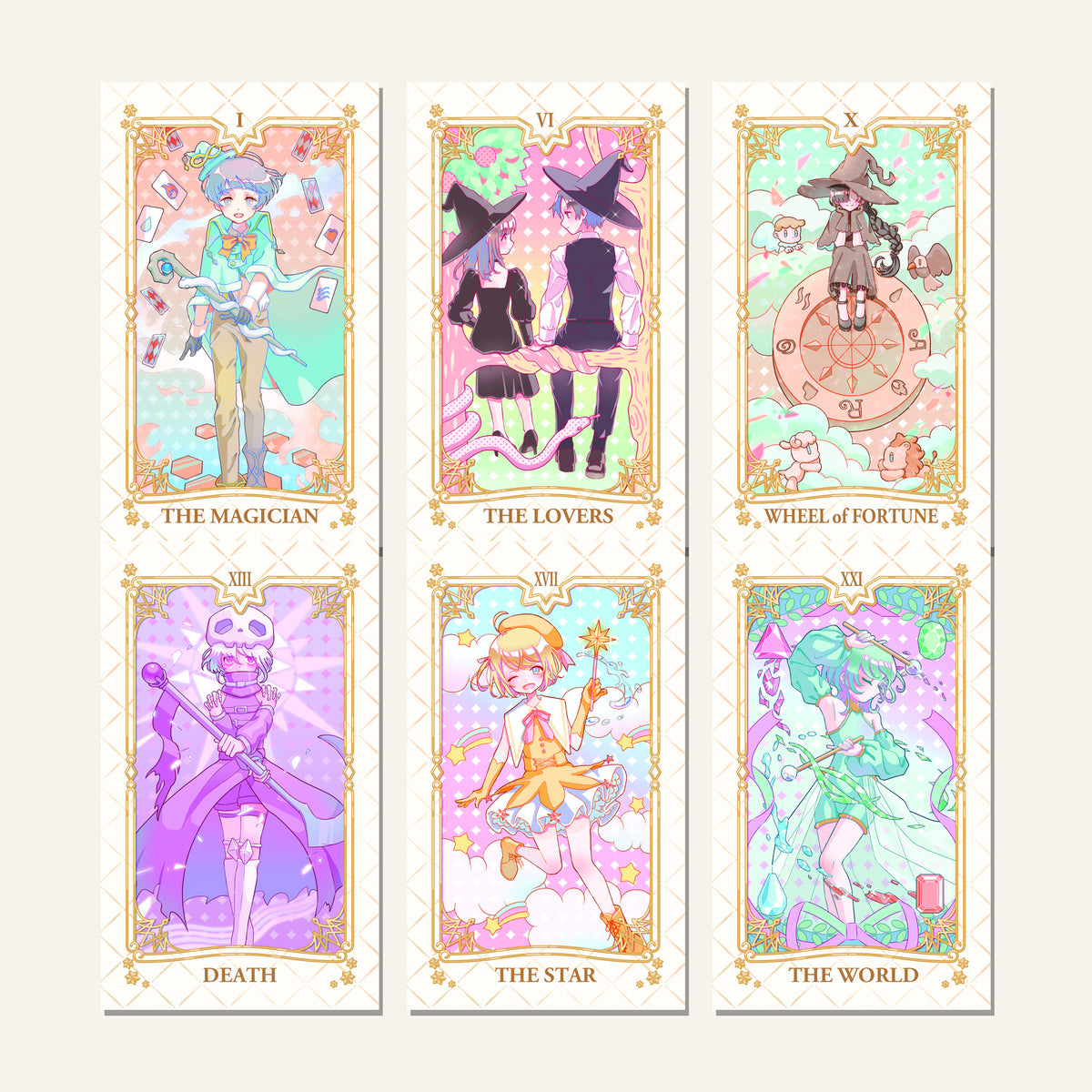 Six Pastel Wizard Tarot cards: Magician, Lovers, Wheel of Fortune, Death, Star and World